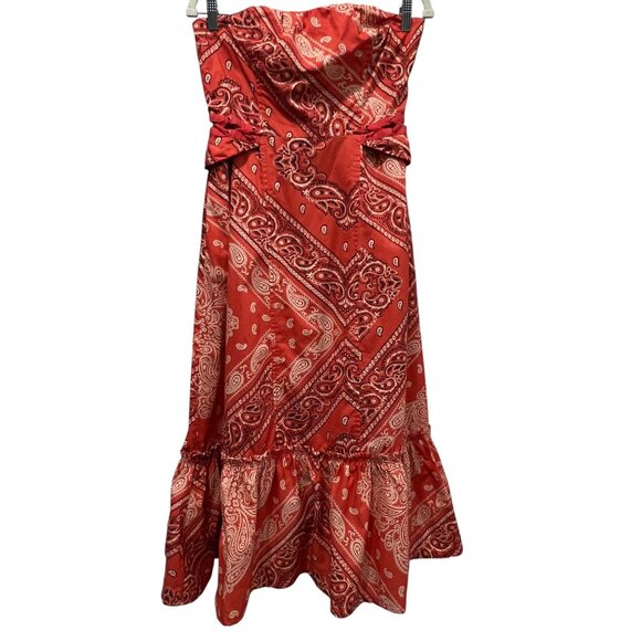 Anthropologie Strapless Bandana Ruffle Midi Dress, Pockets, Red Orange, 4 - Picture 11 of 11
